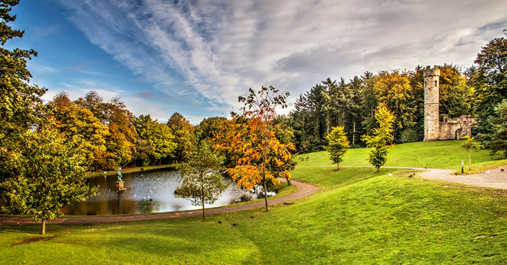 view of hardwick country park with autumn colours in the trees